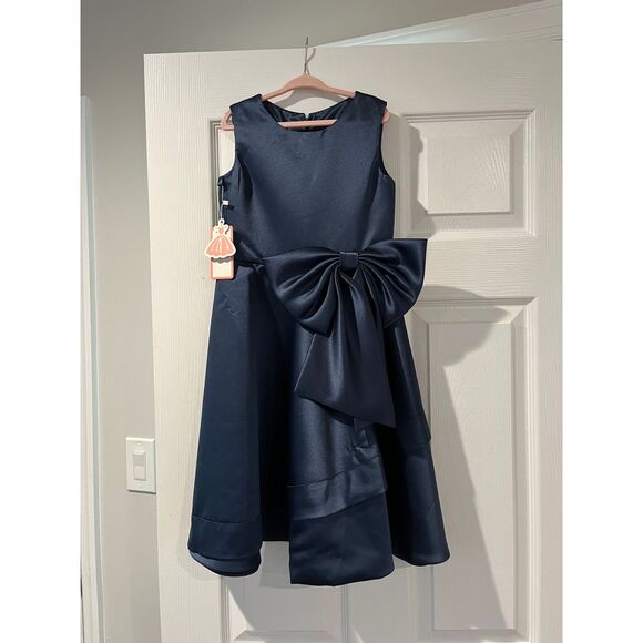 New!‎ Kiss Angel Blue Satin Party Dress with Large Bow Special Occasion Girls - Picture 1 of 6
